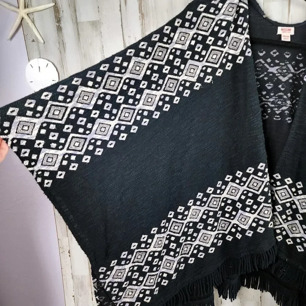 Mossimo Supply Co Aztec Print Fringed Poncho Sweater Black Size S/M - Picture 6 of 11